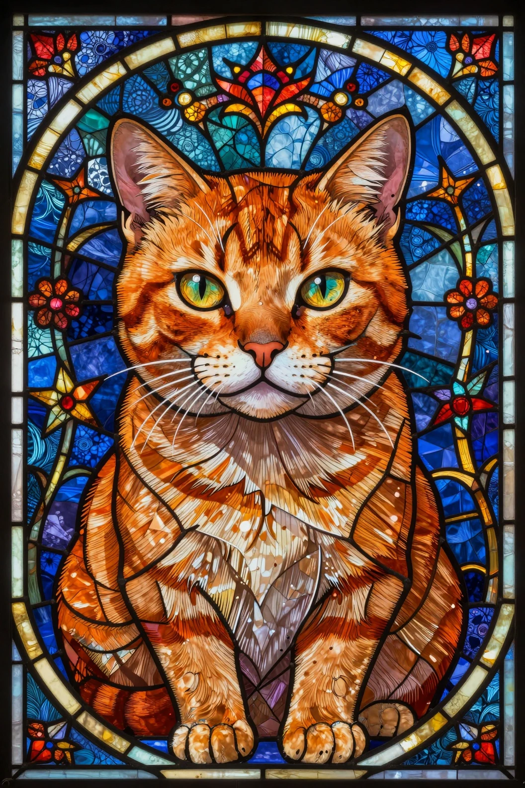 Orange tabby cat stained glass style close up portrait