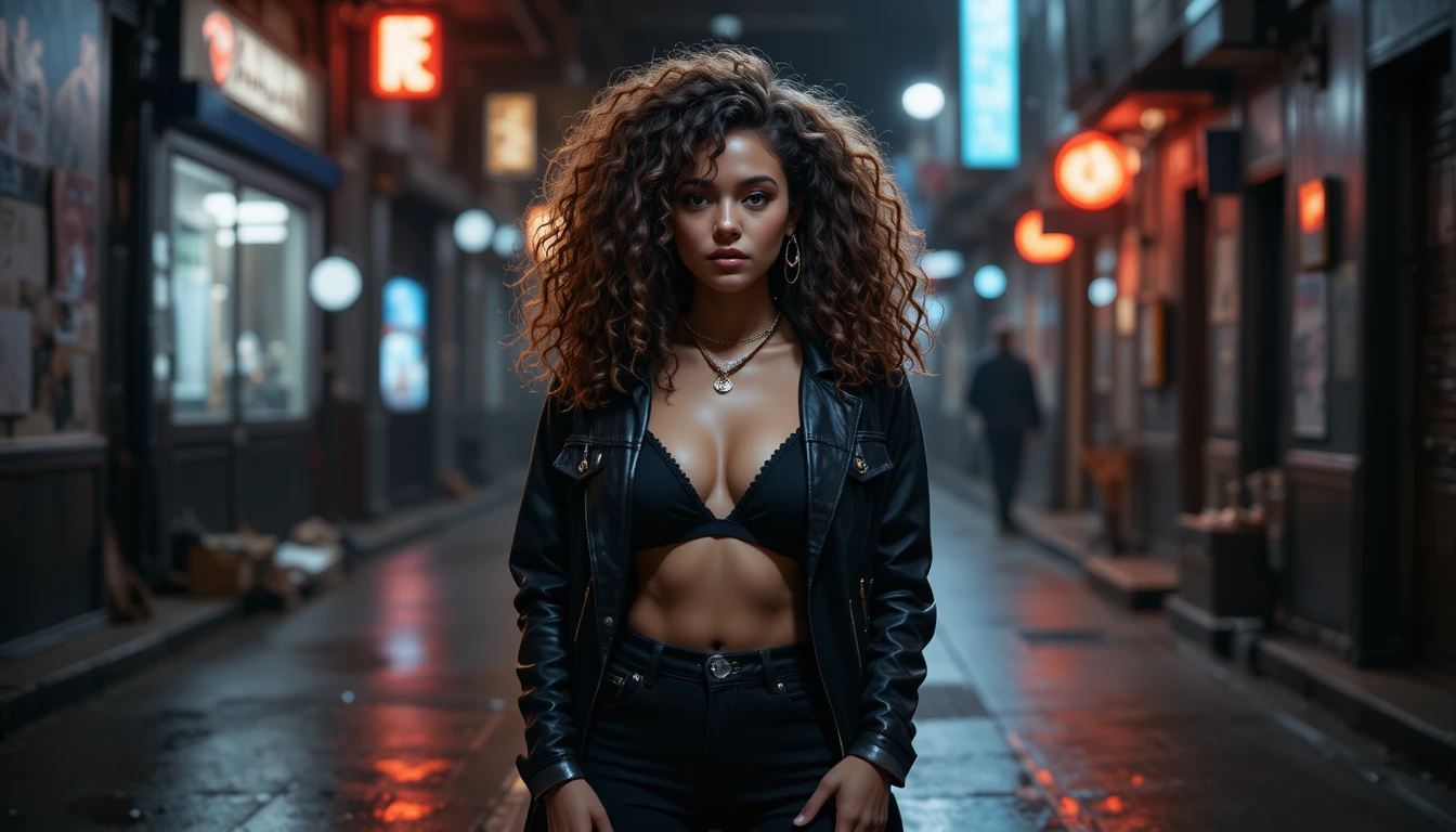 Mulher urbana de cabelos cacheados em estúdio escuro com visual de rapper