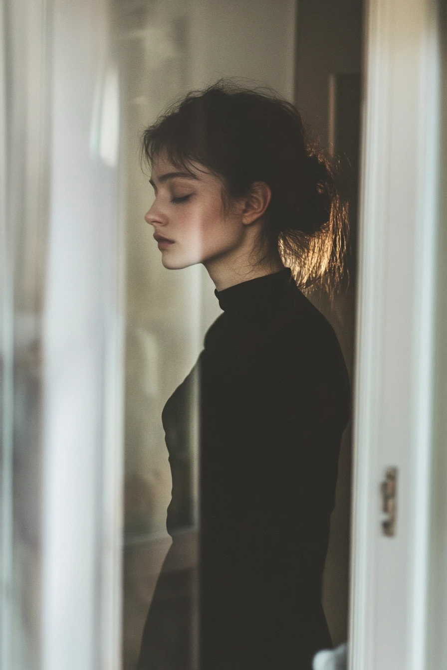 Mulher em um quarto escuro envolto em suave luz dourada