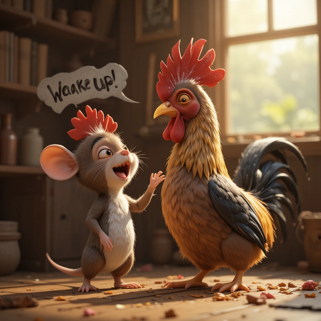 Tierno ratoncito despertando a un gallo que ronca en un gallinero de madera
