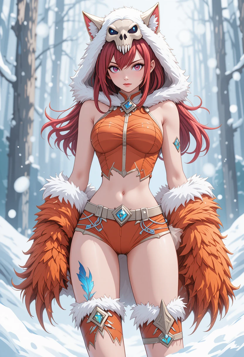 Anime-Kriegerin mit purpurroten Haaren in verschneiter Landschaft