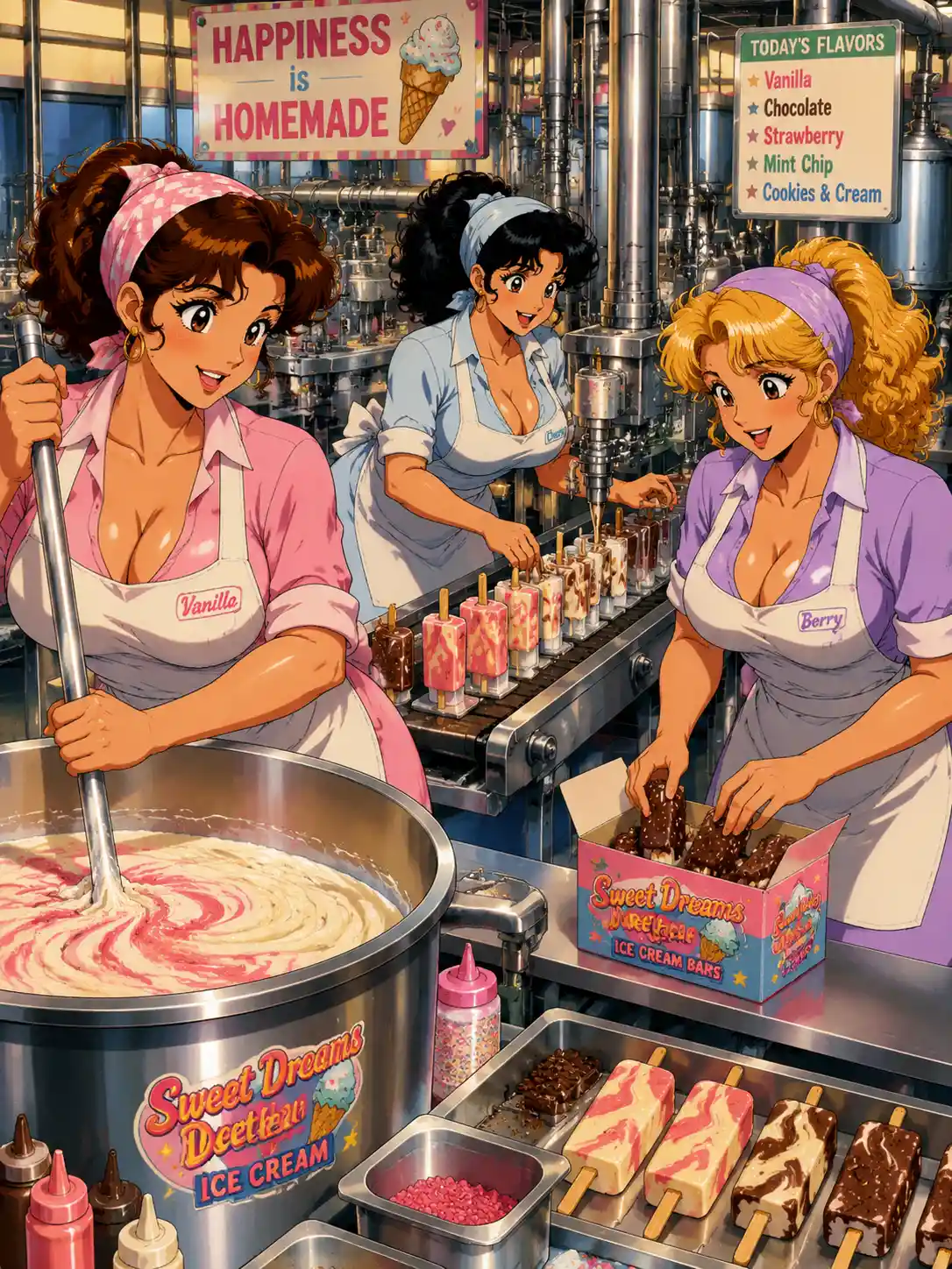 Three anime factory workers in a cheerful ice cream workshop