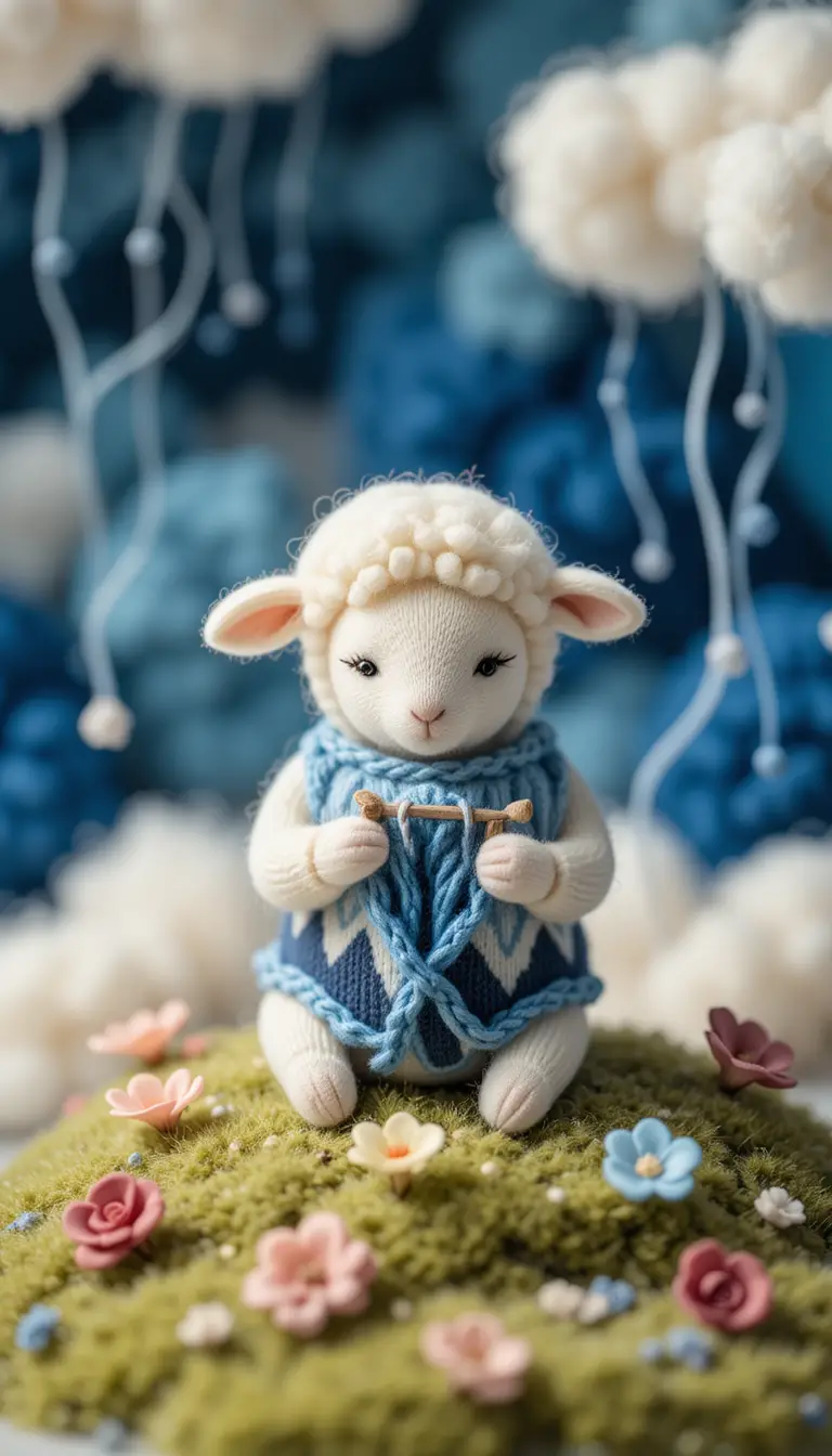 Nadelfilz-Schaf, das in einem traumhaften wolligen Himmel strickt