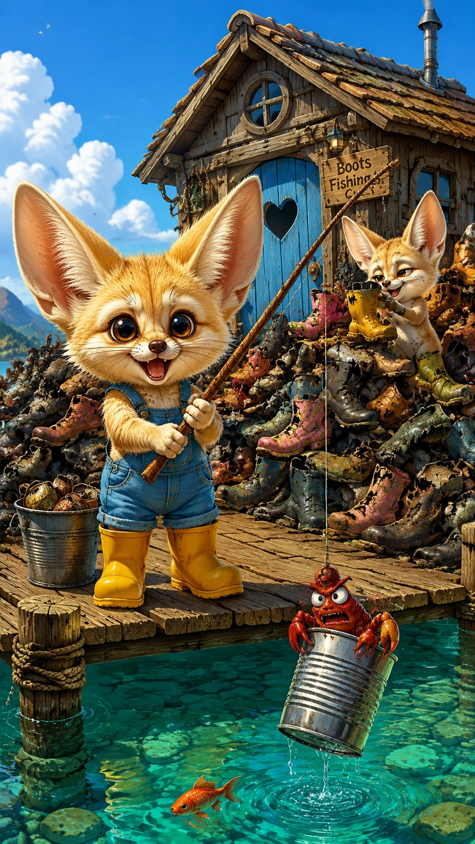 Adorable fennec de dessin animé pêchant sur un quai en bois