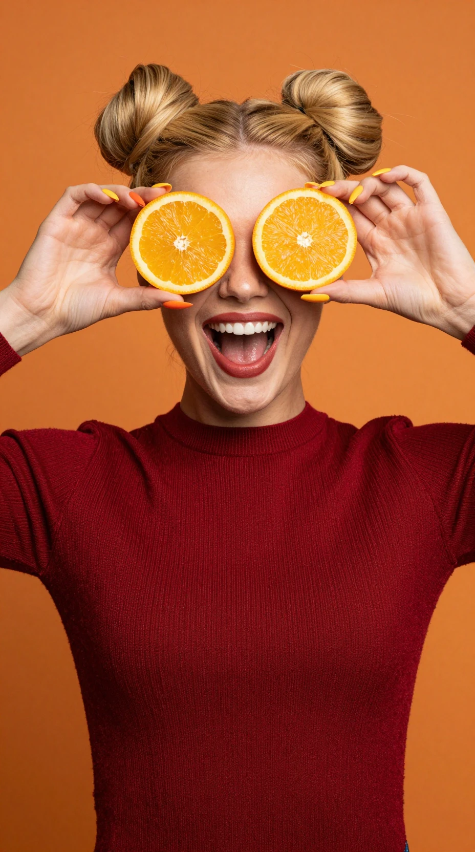 Garota loira alegre com fatias de laranja sobre os olhos
