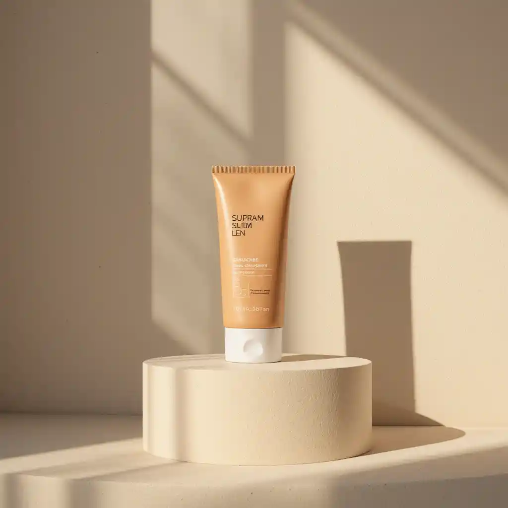 Flacon minimaliste de crème solaire sur piédestal beige avec ombres douces