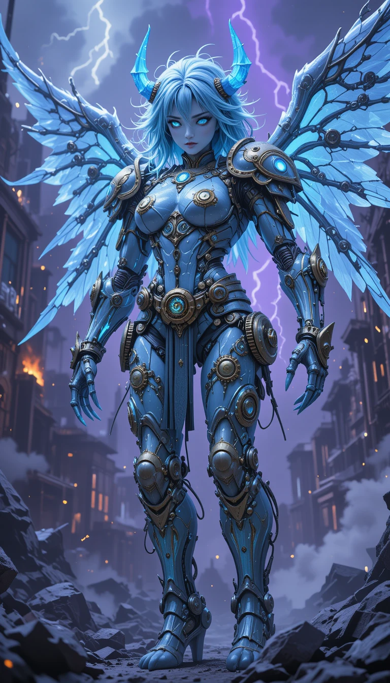 Clockwork warrior queen in ruins with glowing mechanical wings