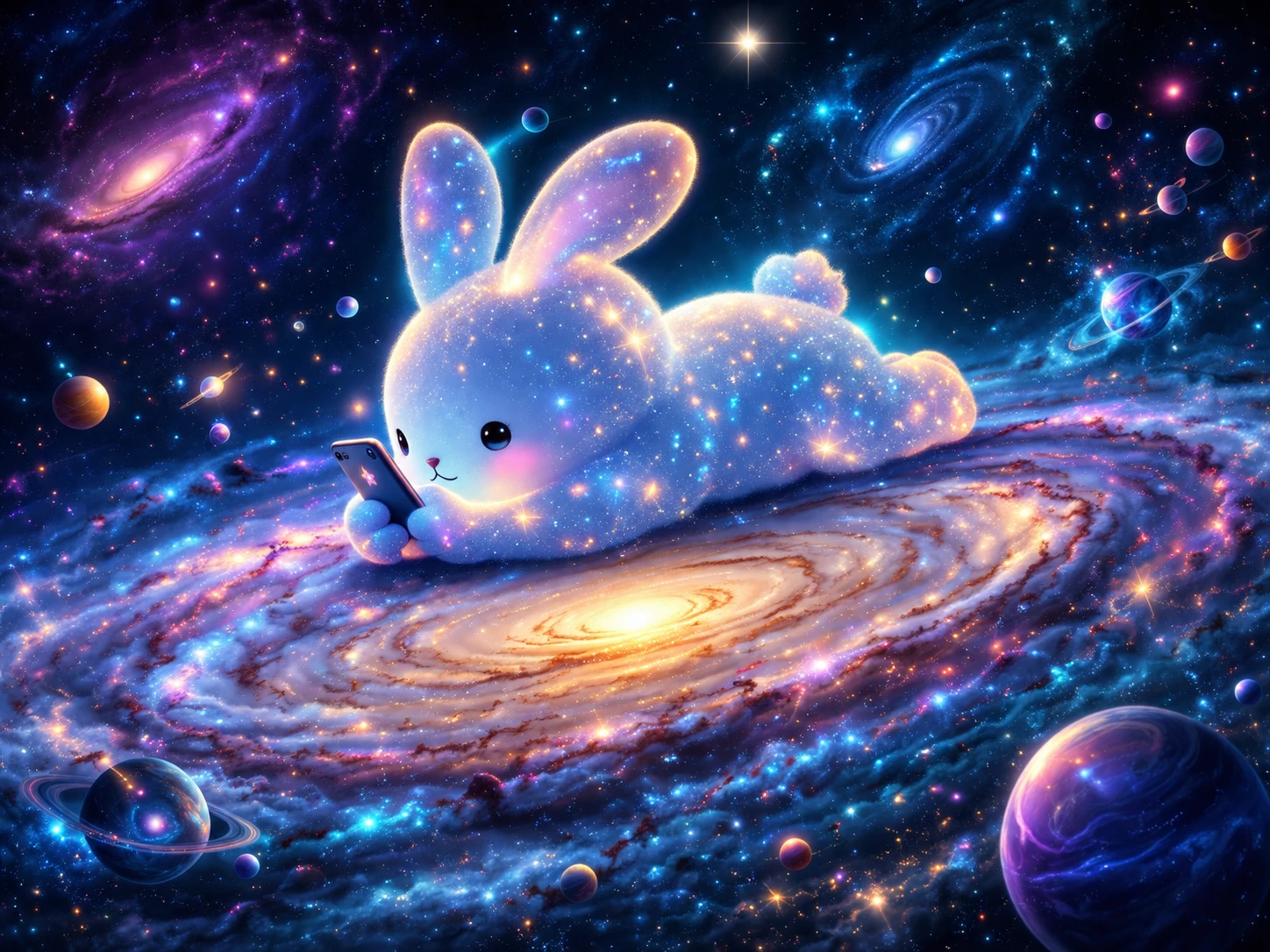 Starry rabbit lounging on a glowing galaxy with phone