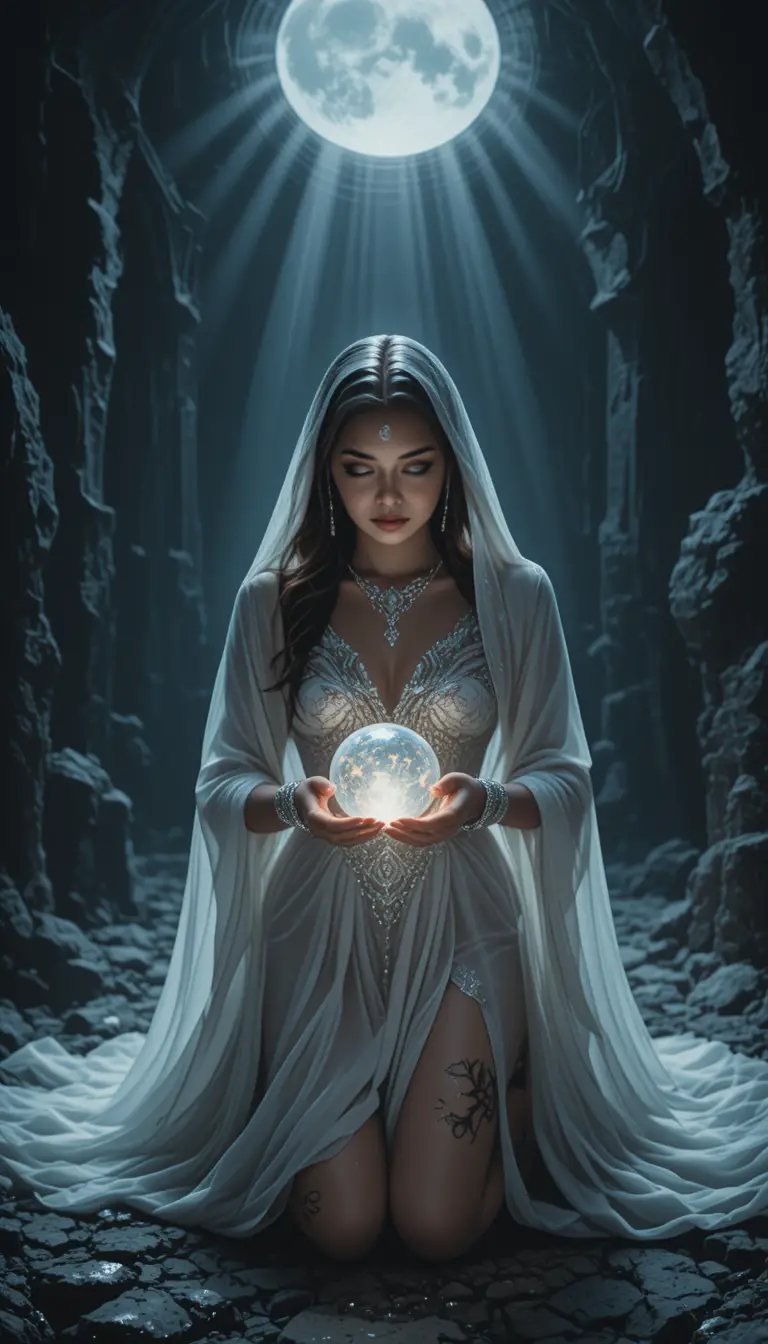 Mystical woman kneeling beneath moonlight in stone chamber