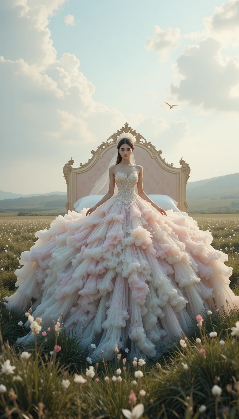 Femme de mode surréaliste sur un immense lit pastel dans un champ
