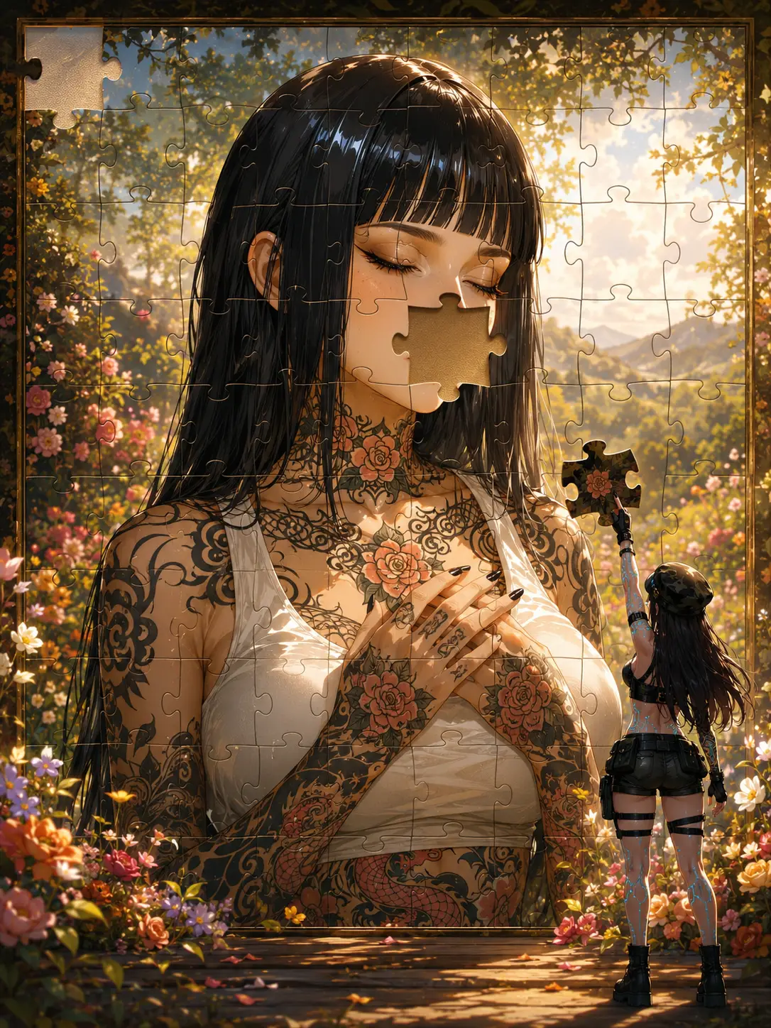 花海夏日田野中如夢似幻拼圖的動漫少女
