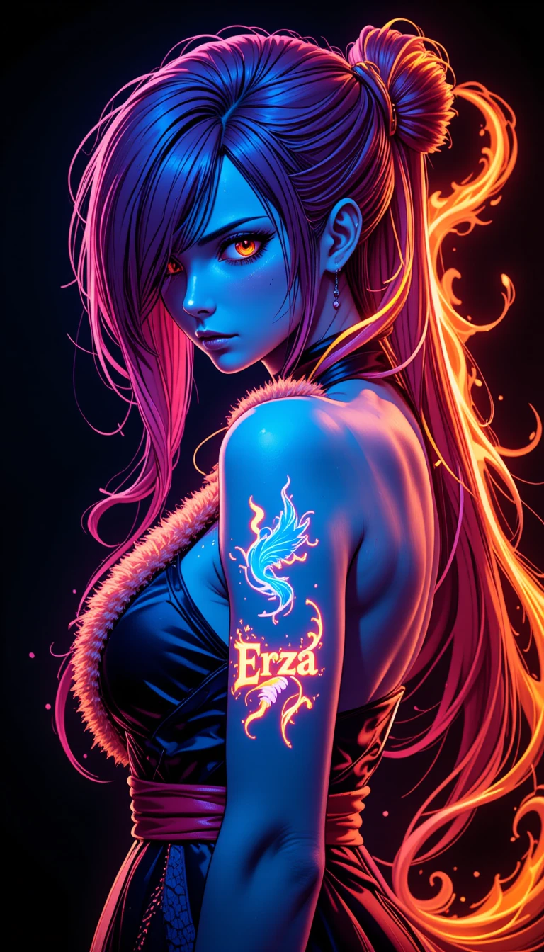 Seitenporträt eines Neon-Anime-Kriegers mit leuchtendem Gildenzeichen