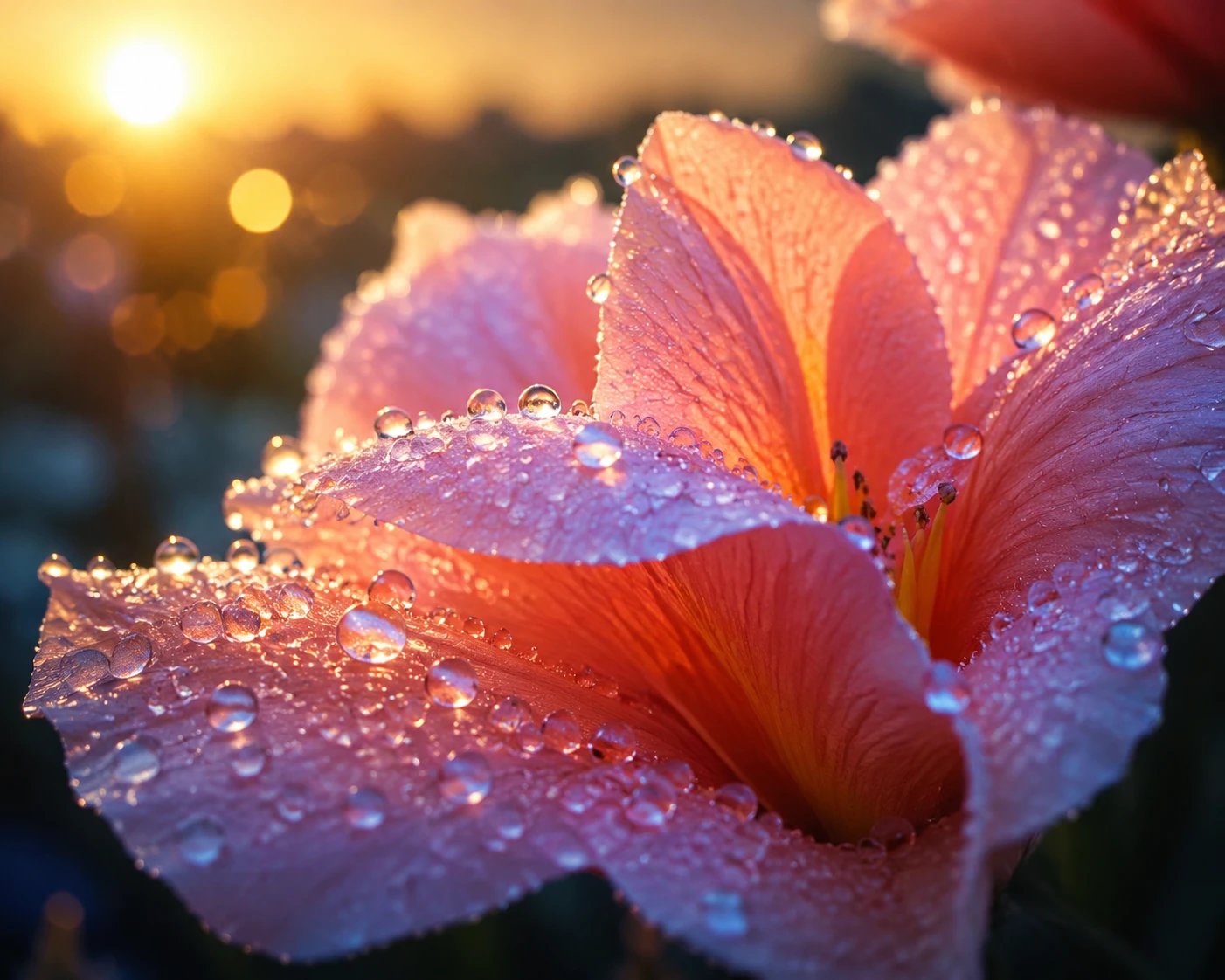 Pétales de fleurs couverts de rosée brillant doucement au lever du soleil