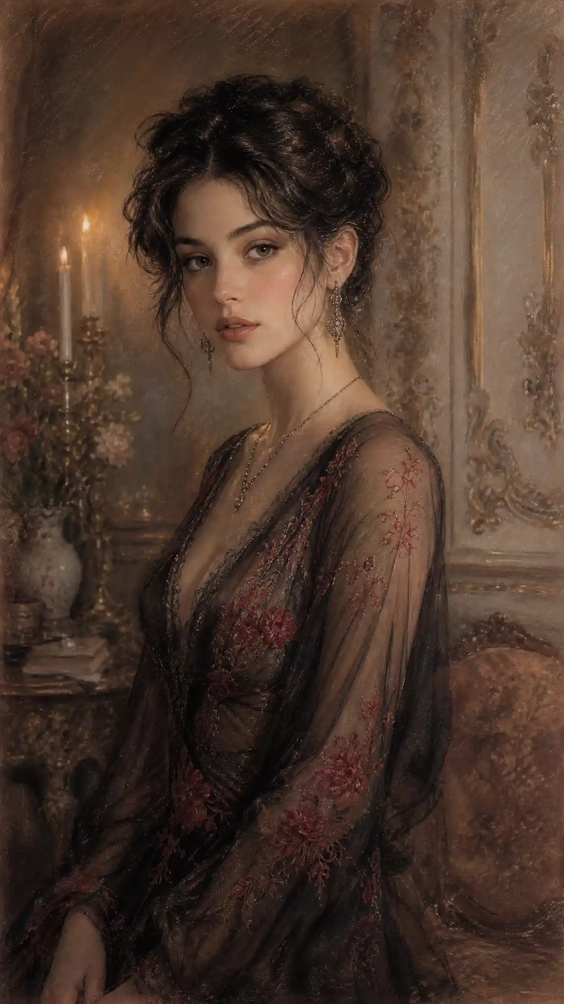 Retrato em pastel de uma garota em tecido preto transparente bordado