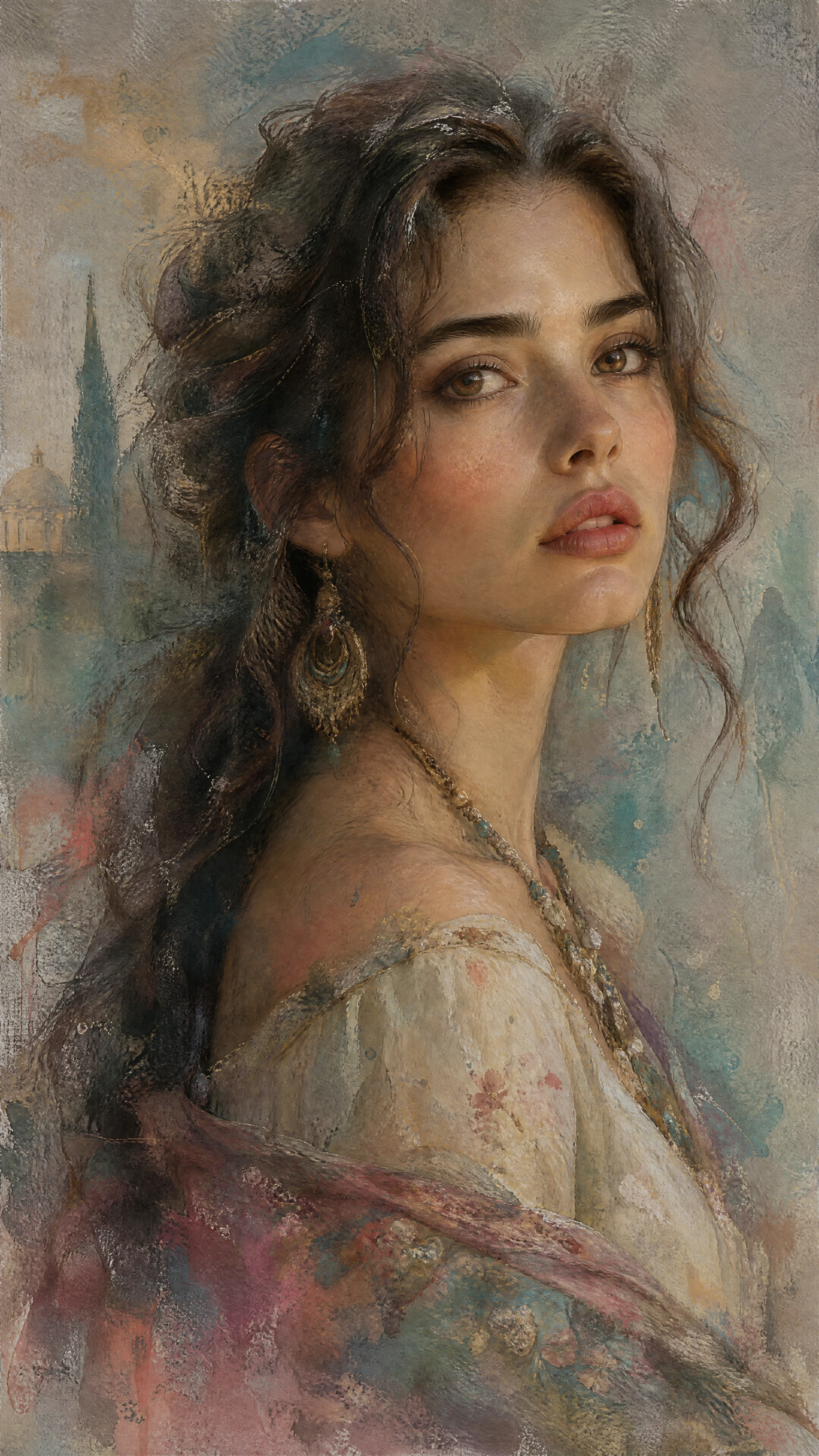 Retrato em aquarela de uma cigana vintage com olhar distante