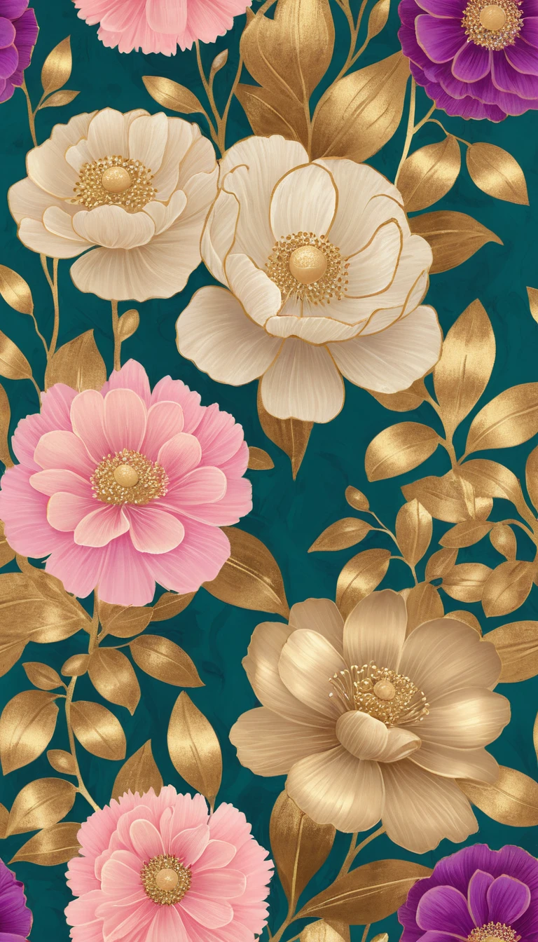 Pintura Floral Decorativa em Tons de Dourado, Rosa e Bege