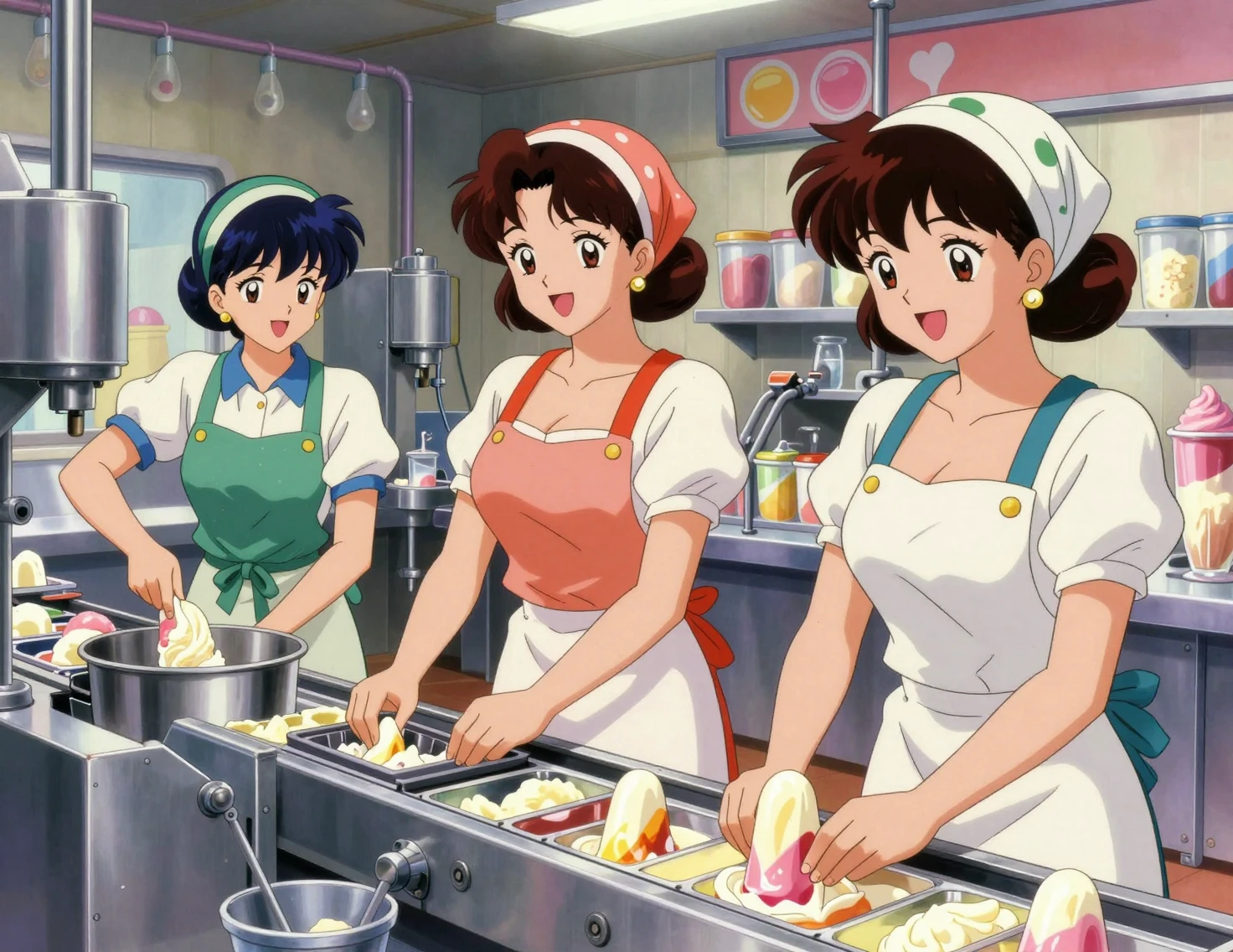 Trois femmes d’anime travaillant dans une joyeuse usine de crème glacée