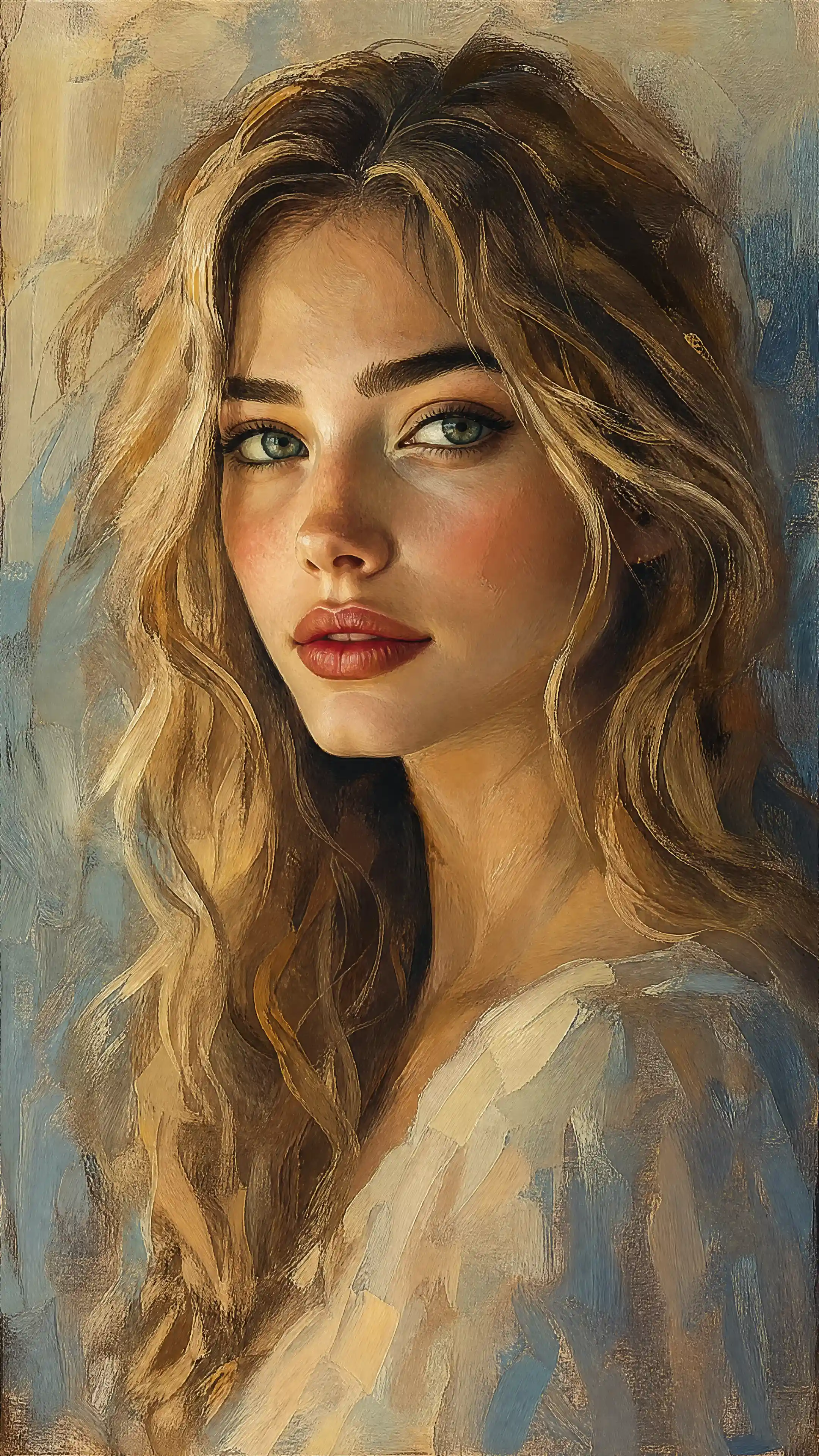 Retrato en pastel suave de una mujer rubia con labios rojos