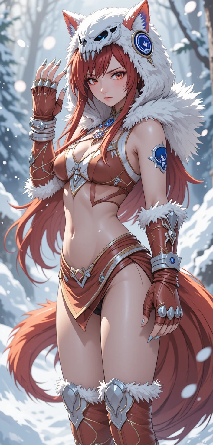Guerriera lupo in stile anime in un paesaggio innevato