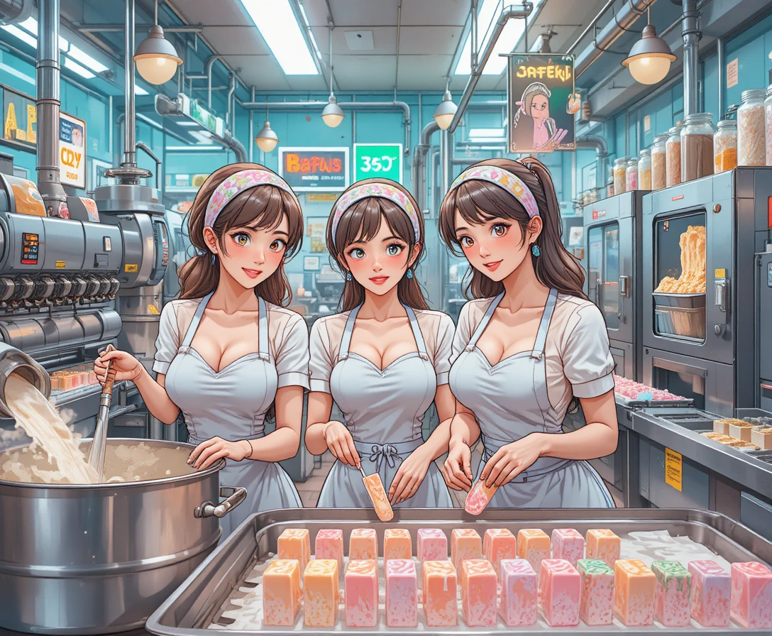 Trois femmes anime travaillant dans une joyeuse usine de glace