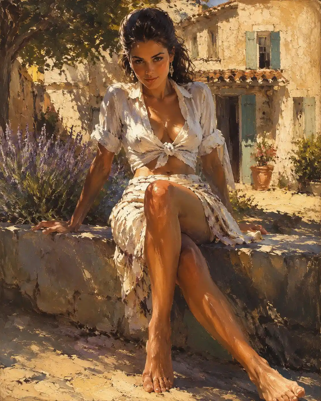 Pintura impressionista mediterrânea de uma mulher em uma fazenda