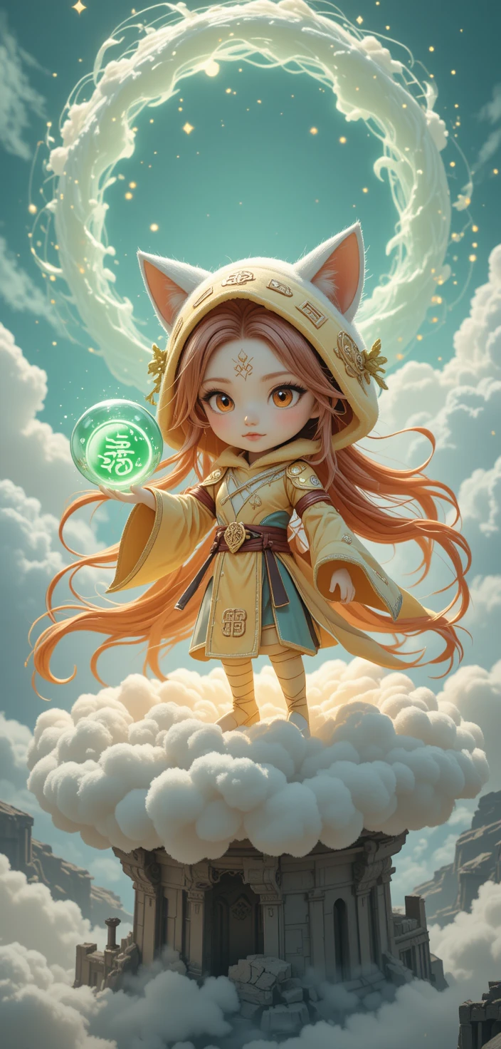 Guerriera felina semi chibi su nuvola mistica fluttuante