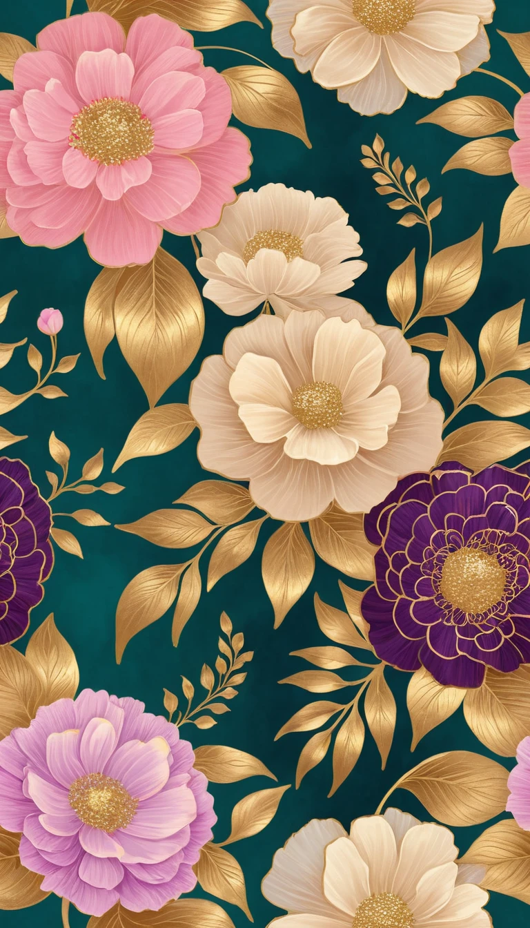 Dipinto floreale onirico in tonalità oro, rosa e teal