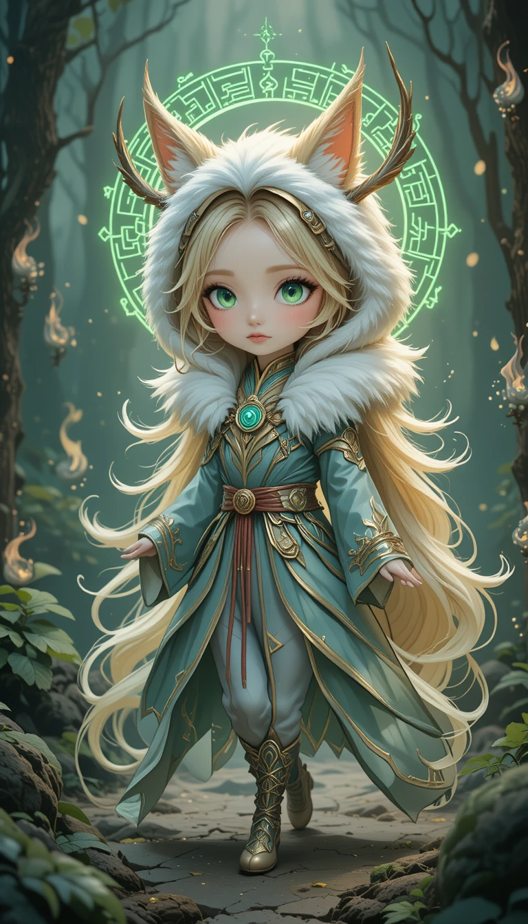 Guerreiro felino chibi caminhando por uma floresta antiga enevoada