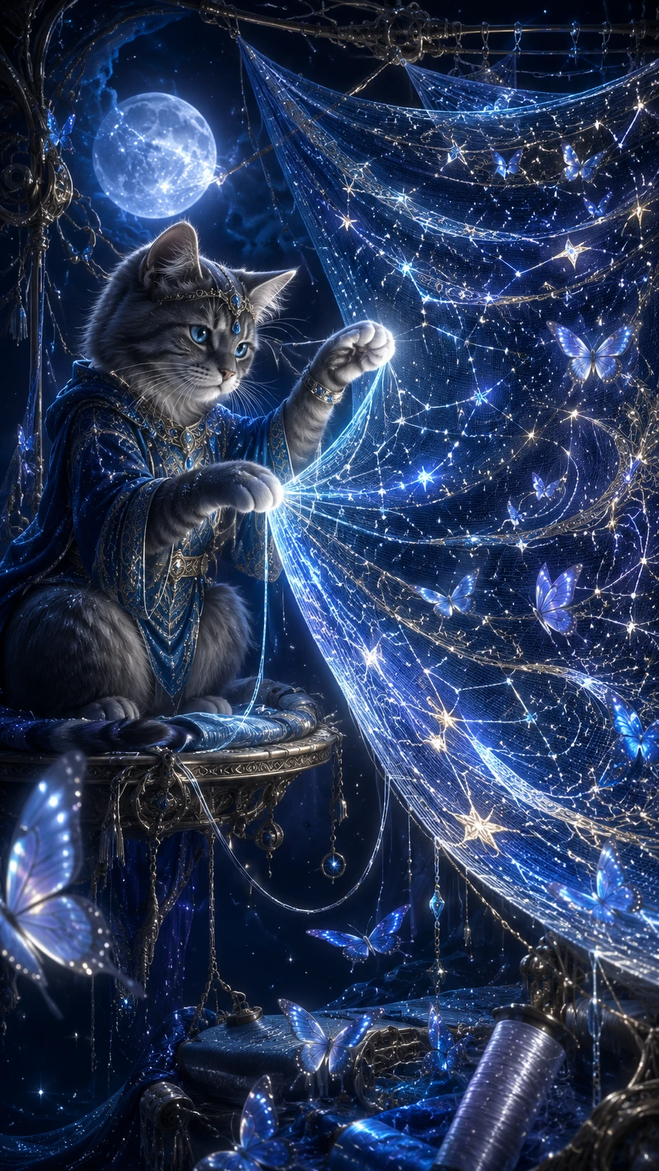 Gato mágico tecendo fios brilhantes de luar pelo céu