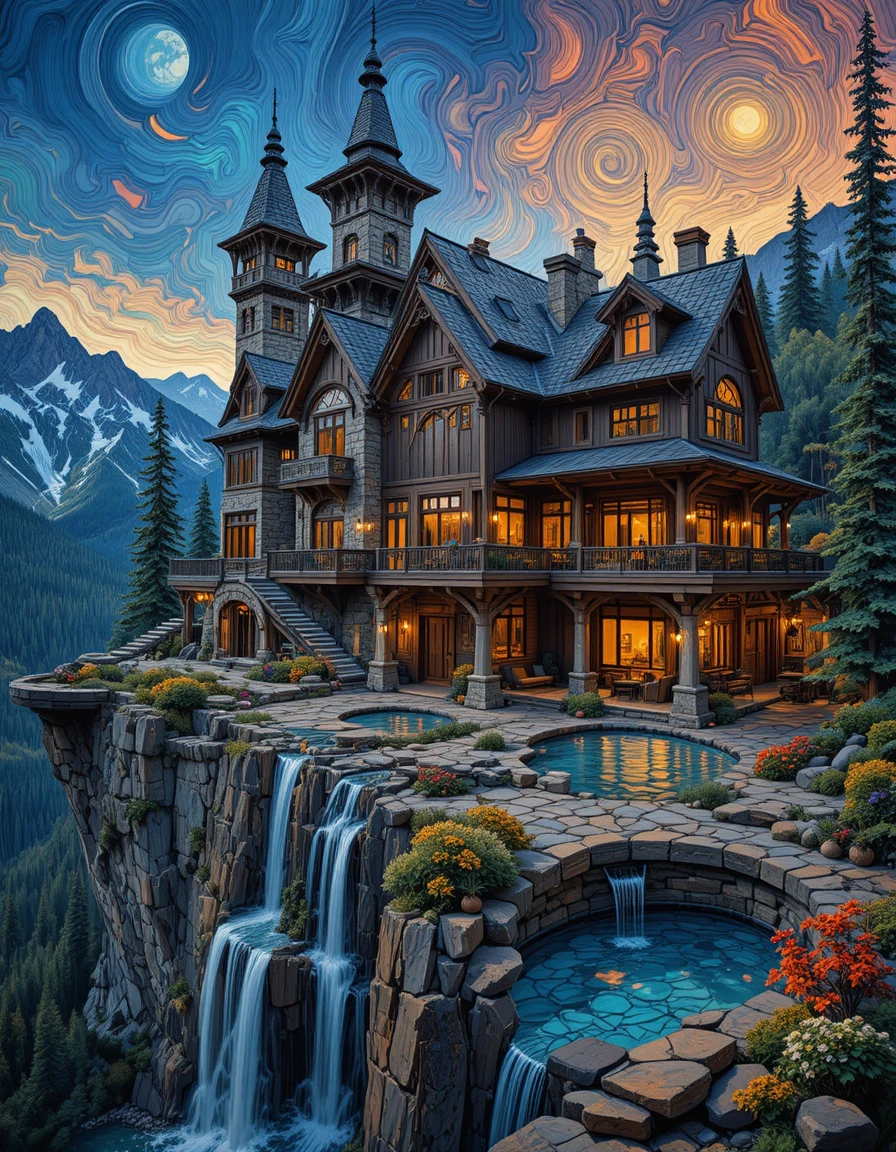 Maison de montagne fantastique avec piscines en cascade sur la falaise