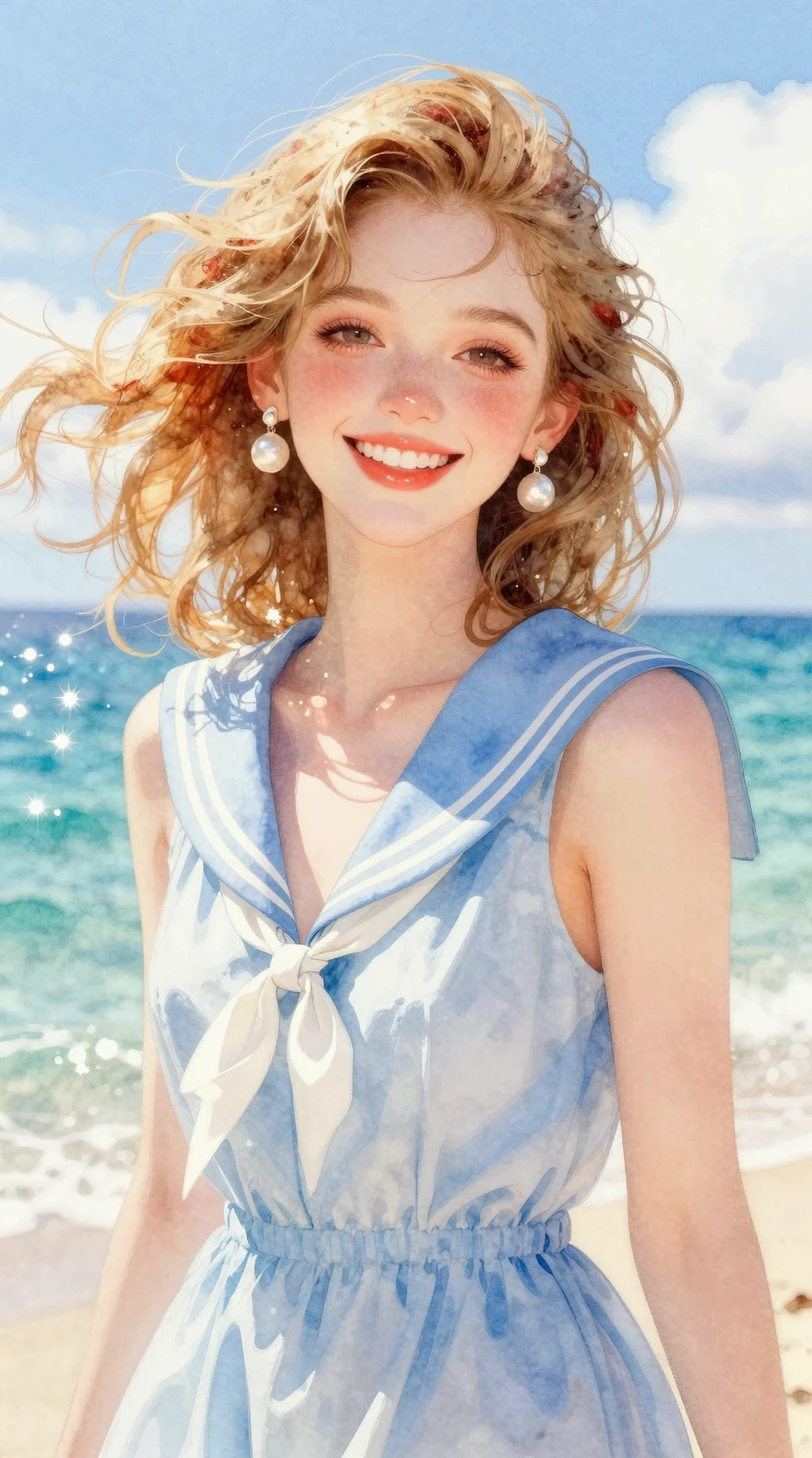 Jeune fille joyeuse en robe de marin au bord d’une mer turquoise étincelante