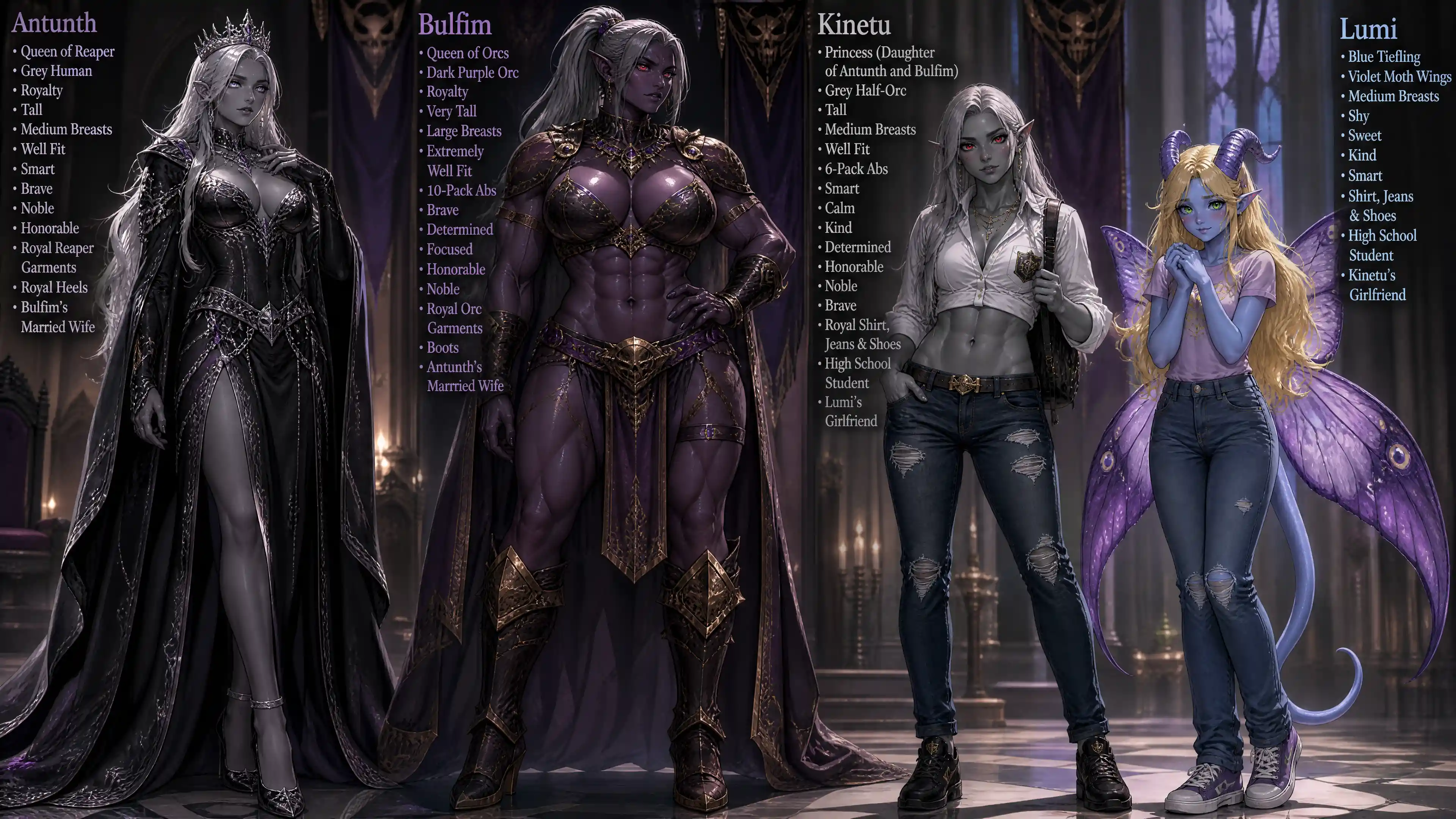 Tall grey reaper queen in royal garments and heels