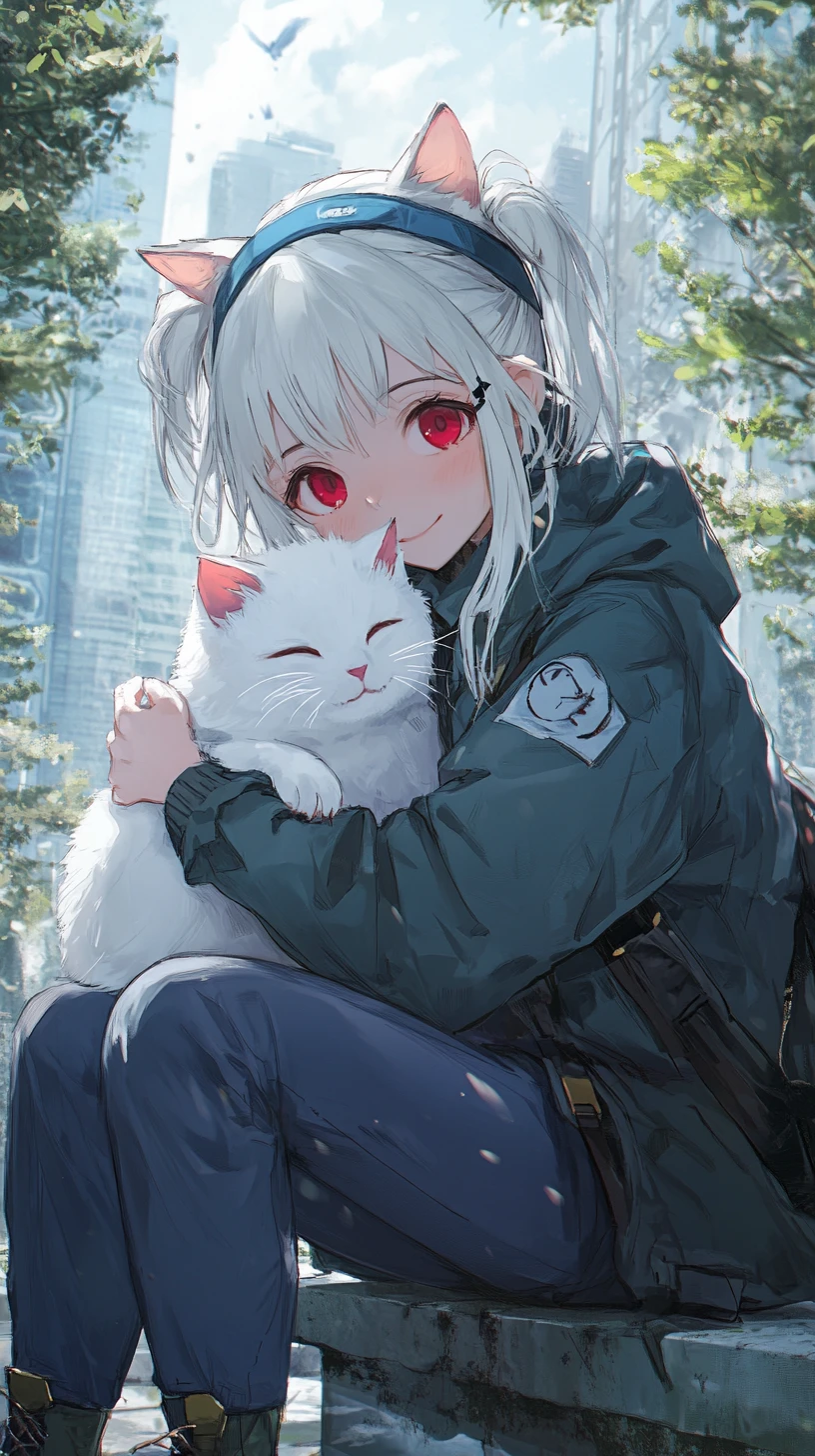 Garota de anime alegre abraçando um gato branco em cidade verde