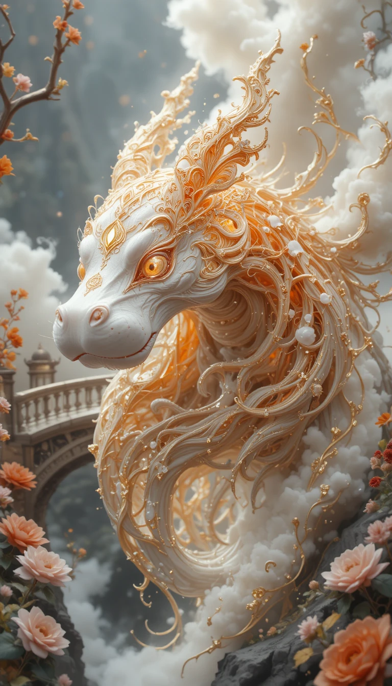 Creatura spirituale mitica vicino a sontuoso palazzo bianco fantasy