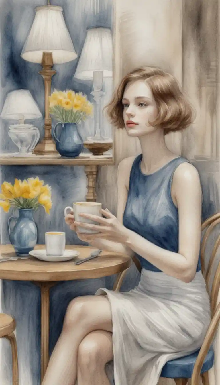 Young woman with coffee in a vintage cafe drawing