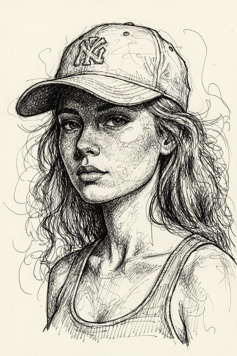 若い女性のインクで描かれたスクラブル風クローズアップポートレート