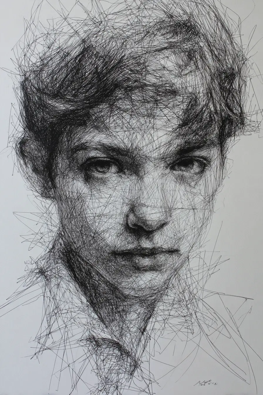 Retrato andrógino a caneta com óculos de lentes amarelas