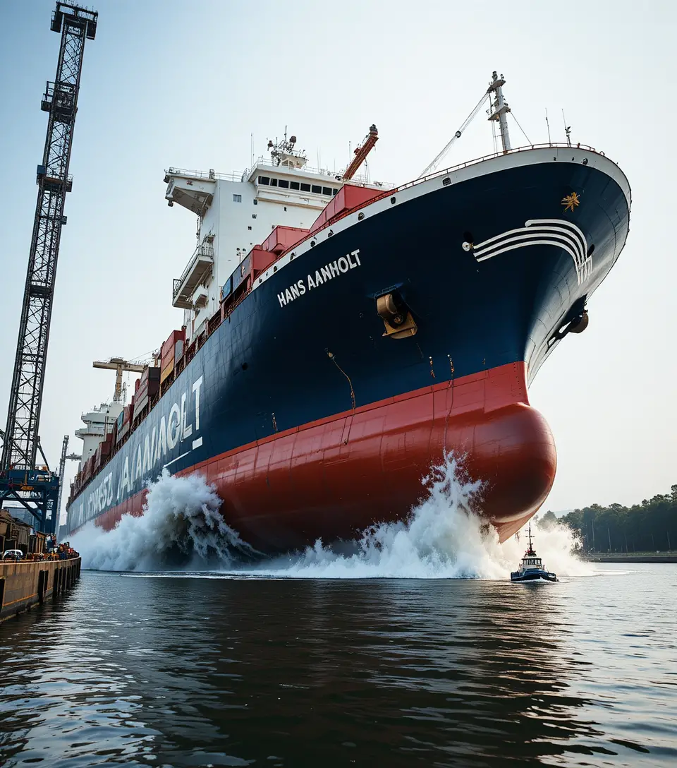 Cargo ship launch splashing into a calm harbor