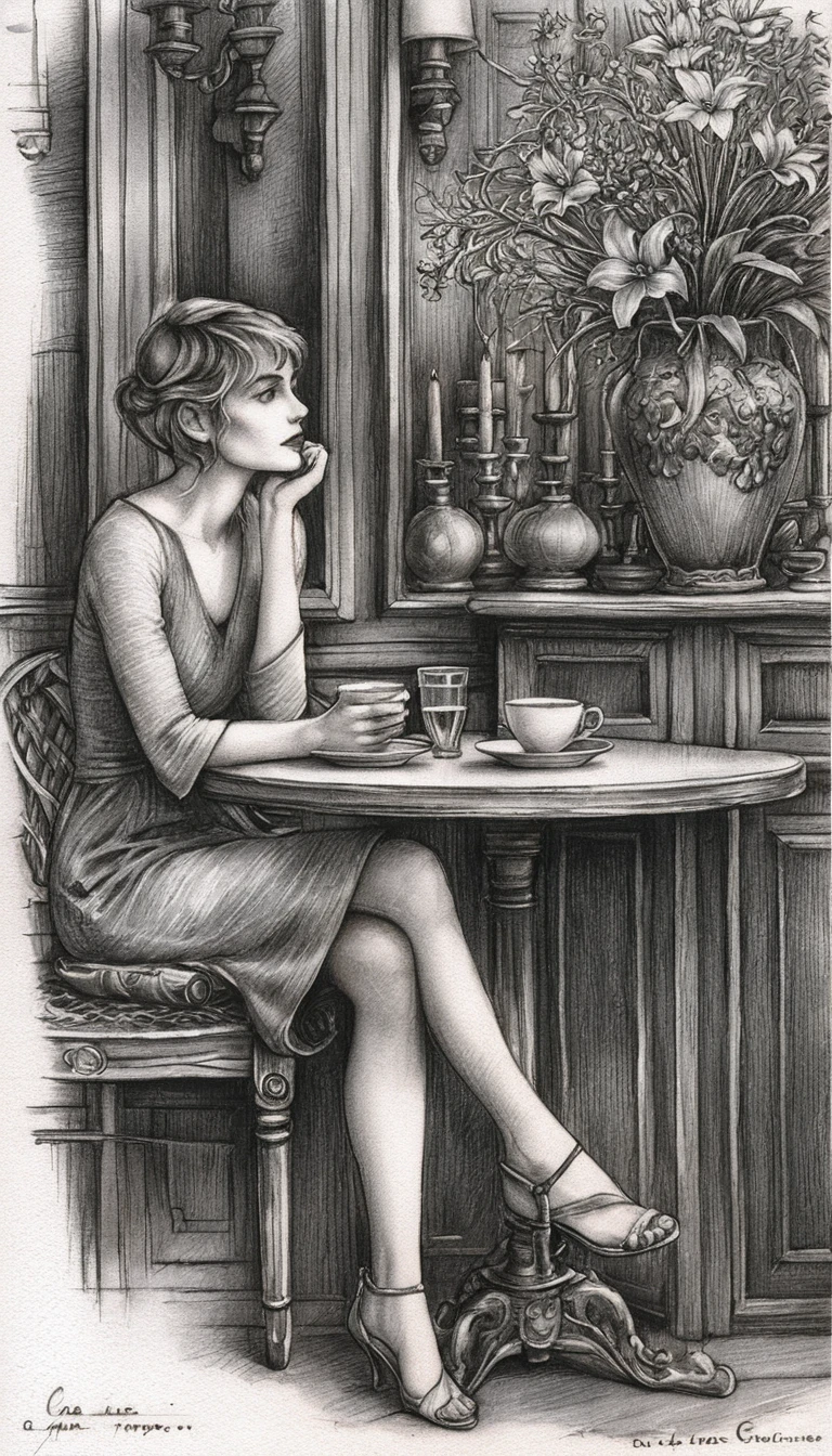 Jovem mulher com café em cena elegante de café em grafite