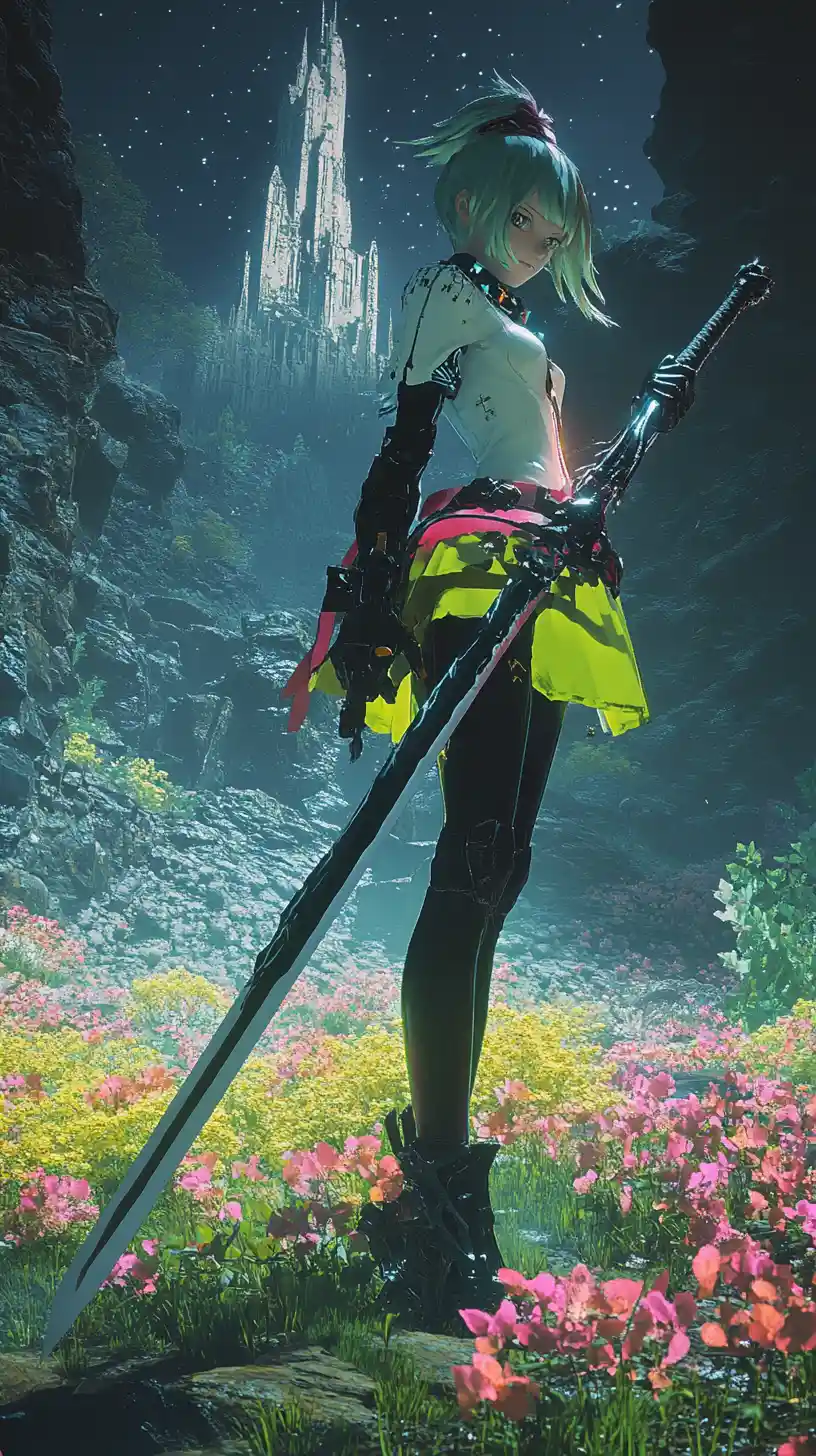 Chica de anime en postura de batalla con dos espadas detalladas