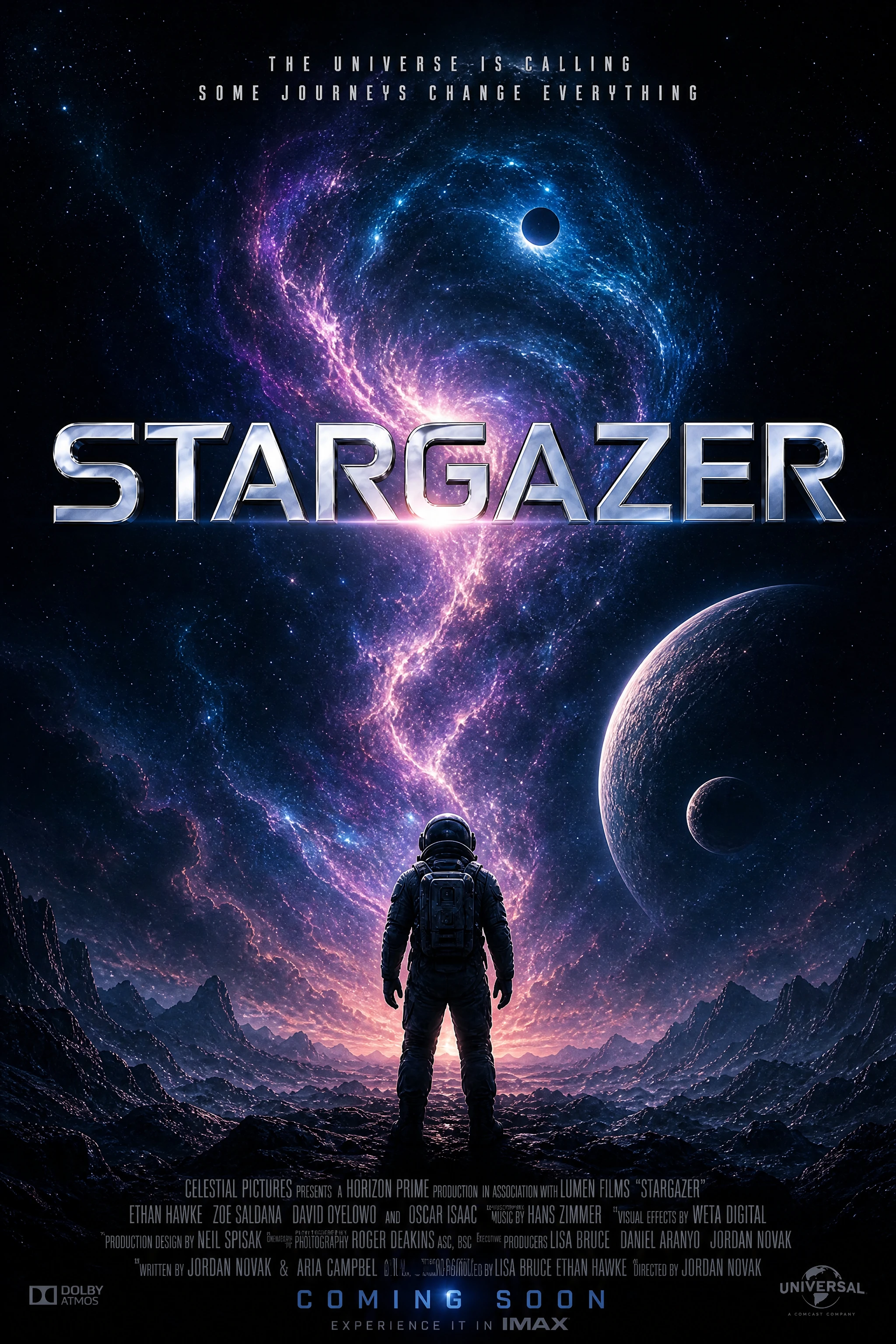 Astronauten-Silhouette vor bunter Weltraum-Nebel-Poster