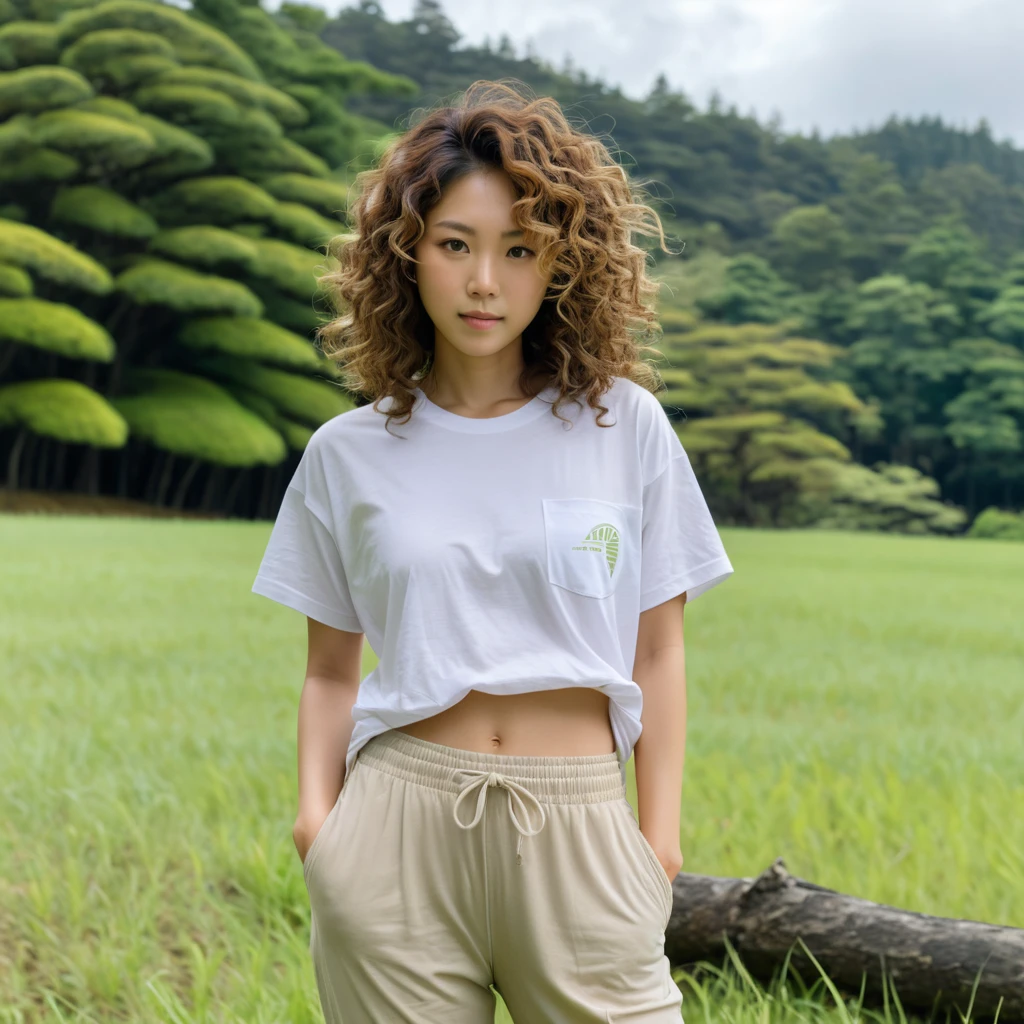Femme japonaise debout dans un champ par temps nuageux