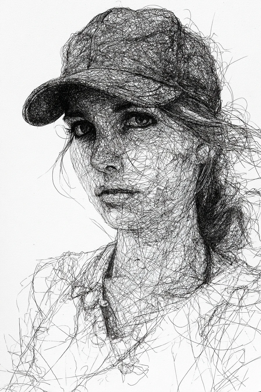 Portrait monochrome à l’encre en gribouillis d’une jeune femme avec casquette