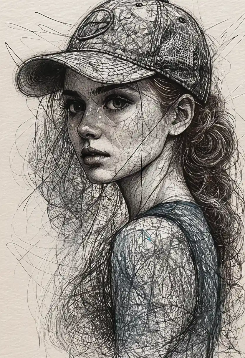 Chaotic ink scribble portrait of a young woman in profile