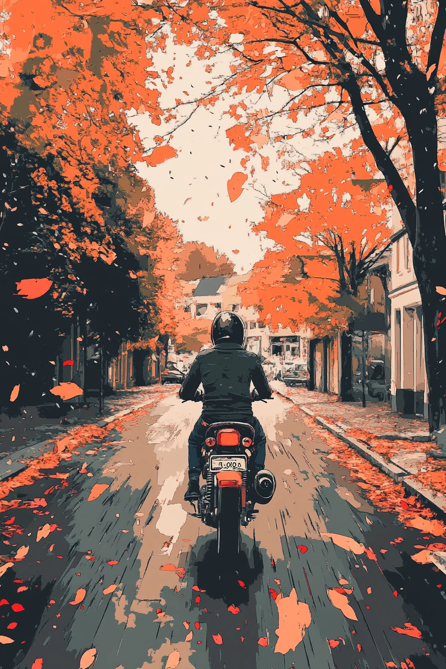 若いカップルがサイドカー付きバイクで濡れた街路を走る