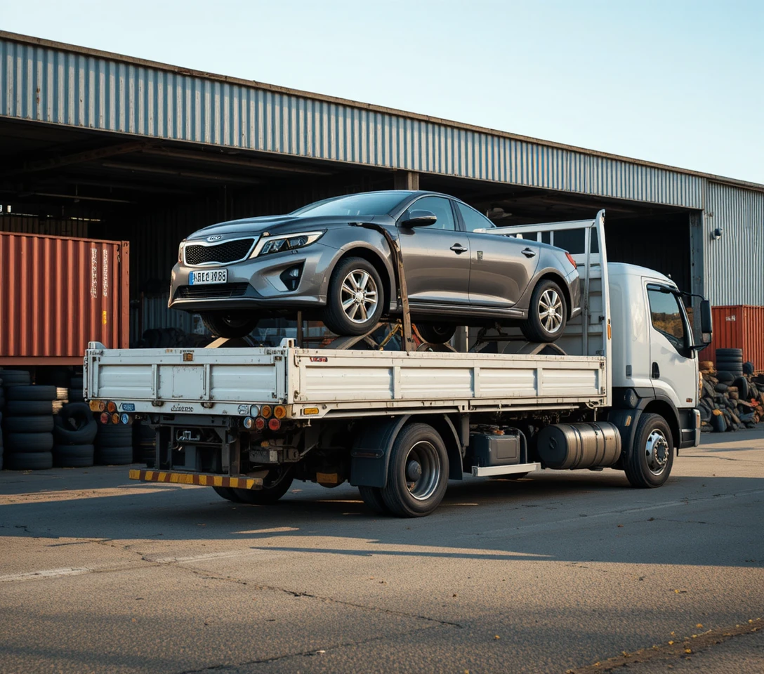 Weißer Lkw transportiert gestapelte Autos in einem Industriehof