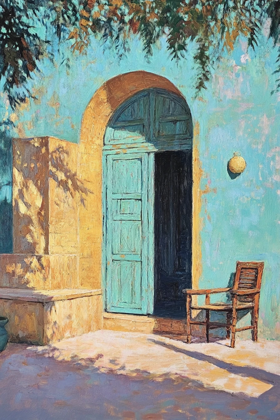 Pintura texturizada de pátio egípcio na suave luz da manhã