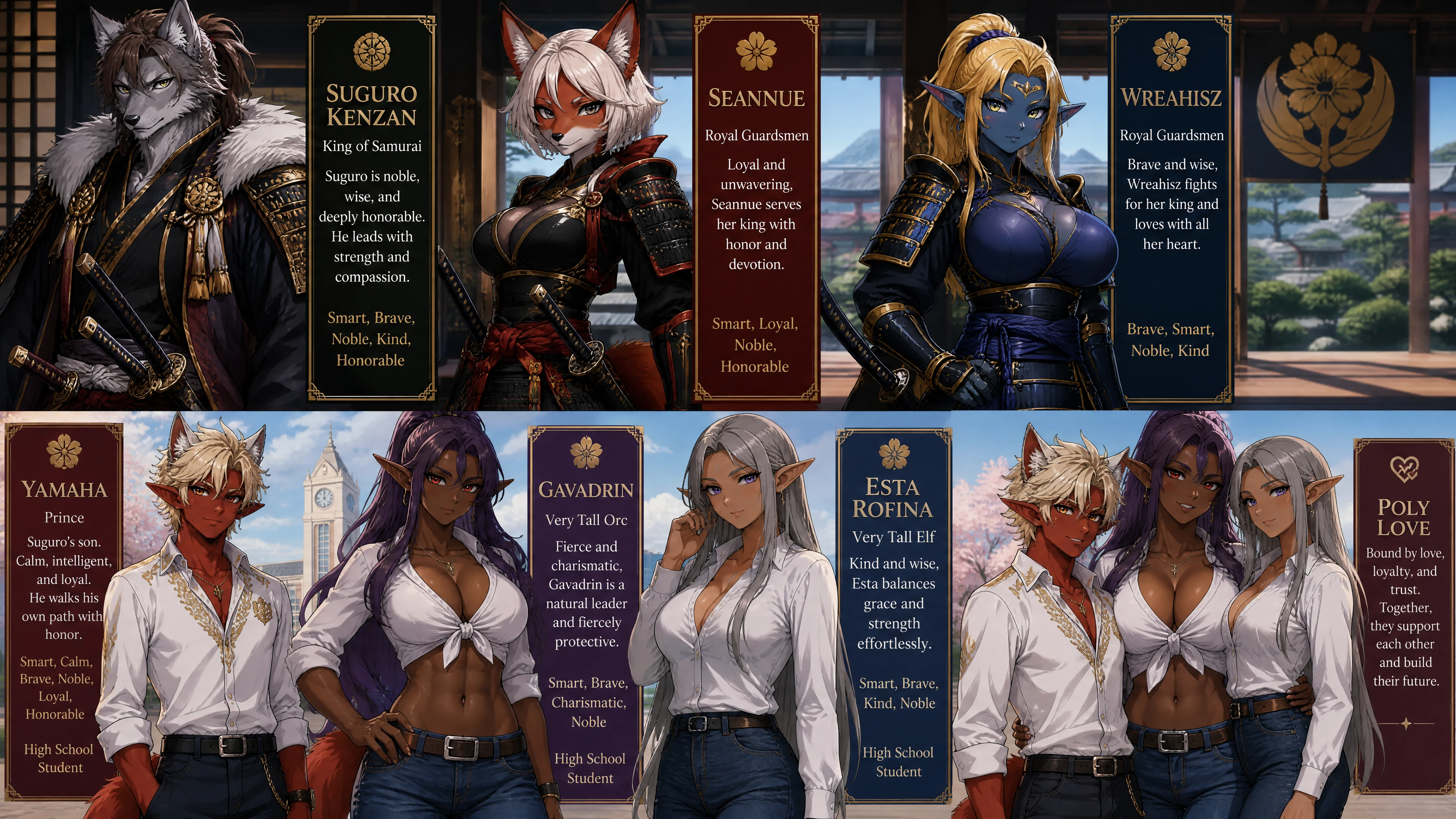 Roi samouraï loup anthro en armure royale se tenant fièrement