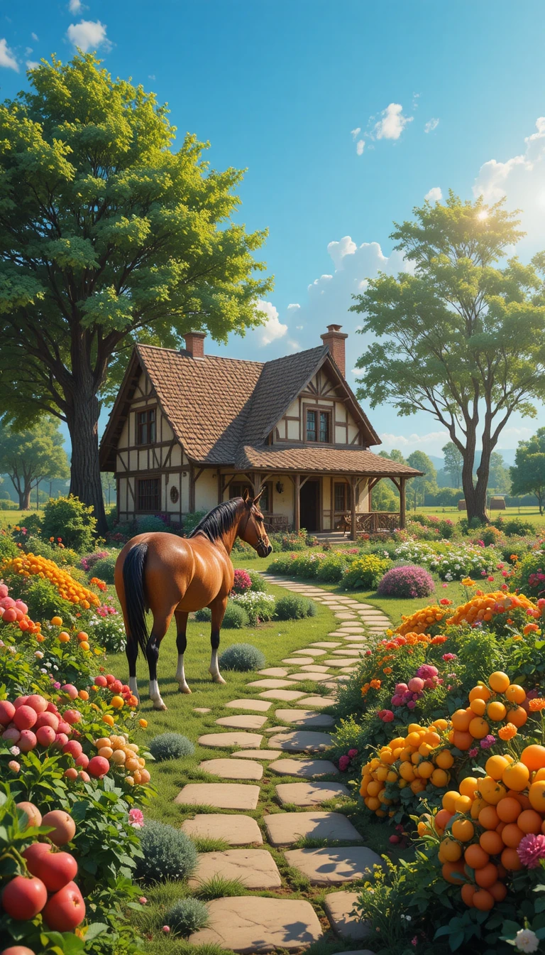 Charmant cottage de ferme ensoleillé avec jardin et cheval qui broute