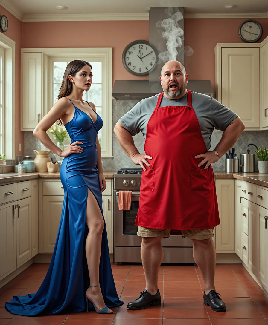 Mulher elegante e cozinheiro surpreso em cena de cozinha iluminada